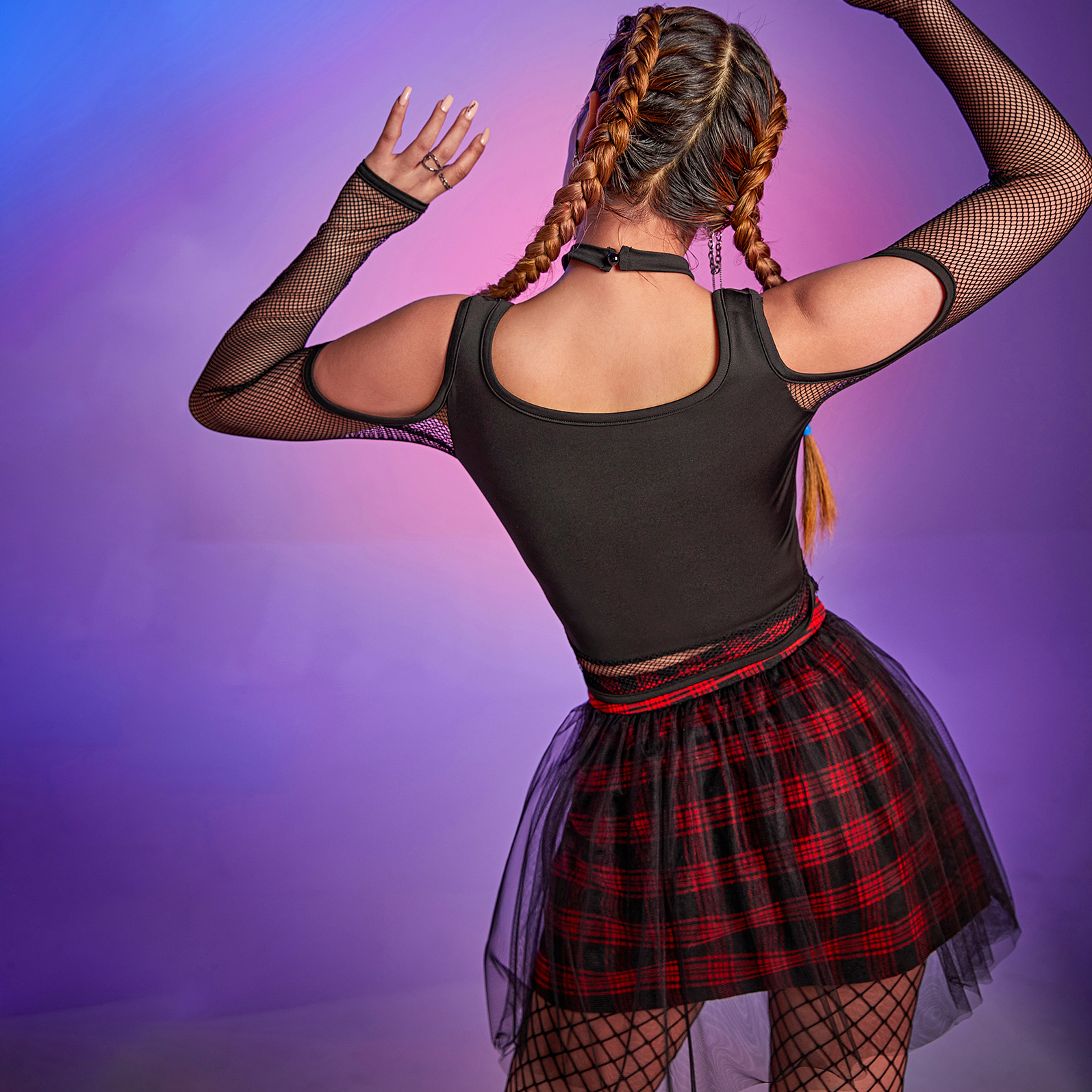 Women's Mesh Panel Off Shoulder Tie Long Sleeve Top