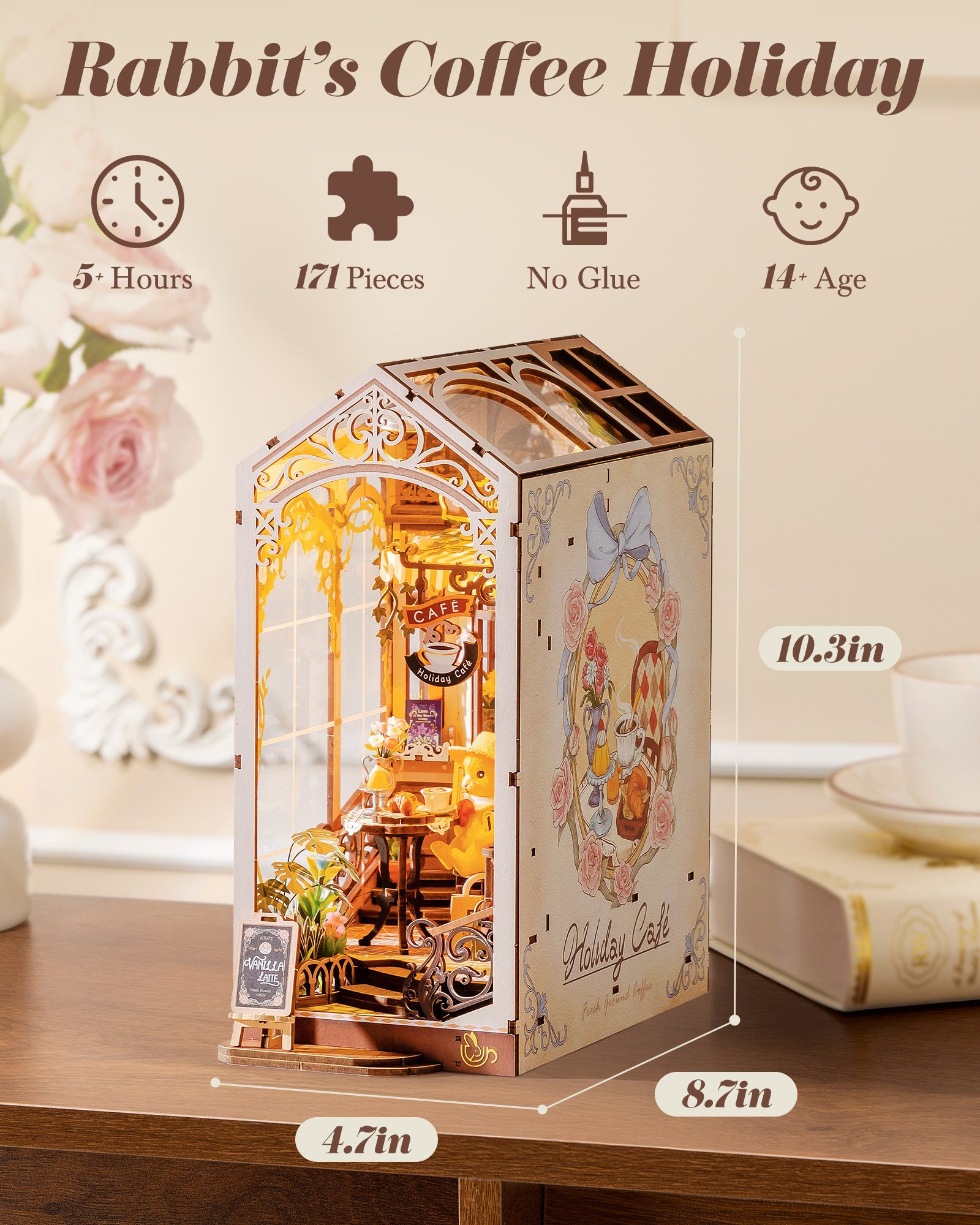 Rolife Holiday Cafe Reading Corner Set, DIY Mini House With Warm LED Lights, Glue-Free Assembly, Bookshelf Decoration, Creative Gift For Adults