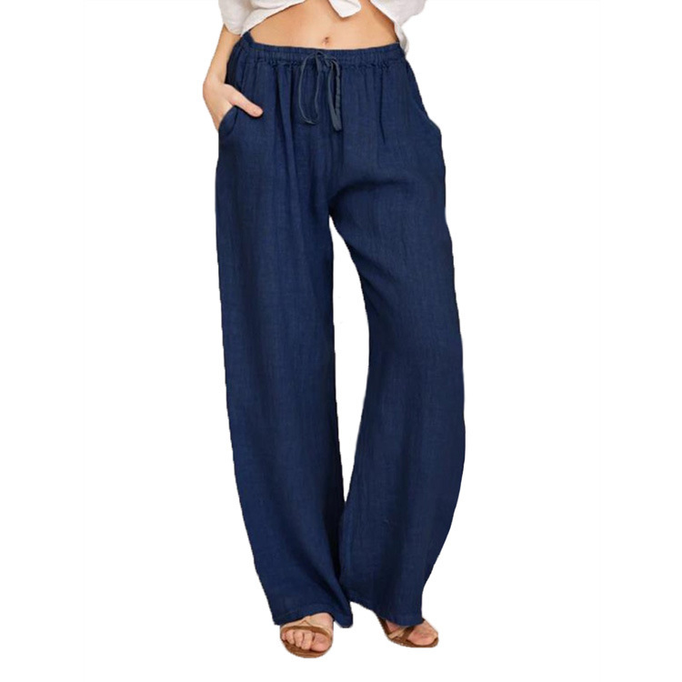 Soft Casual Drawstring Tie Trousers Summer Elastic Waist Loose Jogger Pants With Pockets Navy - Shop at LoveMi