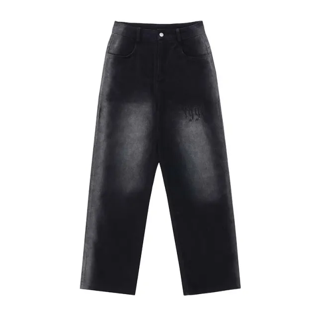 High Street Gradient Frayed White Letter Embroidered Jeans Men's Style Black - Shop at LoveMi