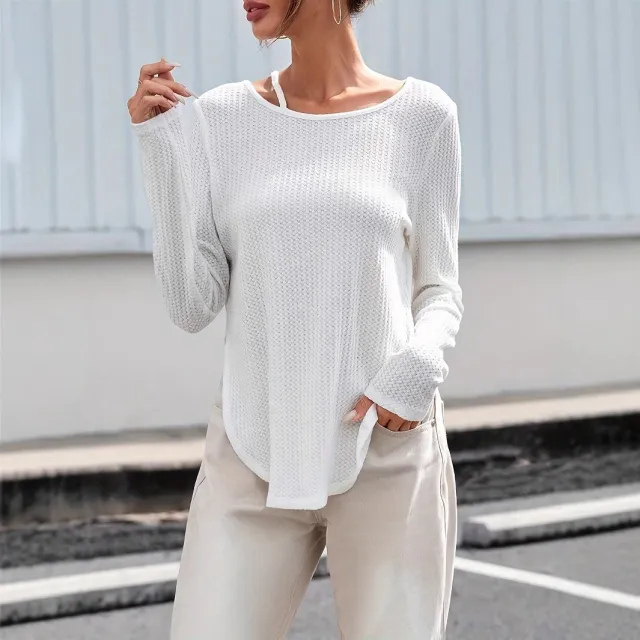 Women's Spring And Autumn Solid Color Curved Bottom Texture Fabric T shirt White - Shop at LoveMi