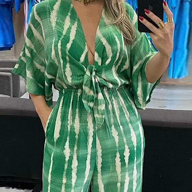 Personalized Print Lace Up V Neck Jumpsuit - Image 2