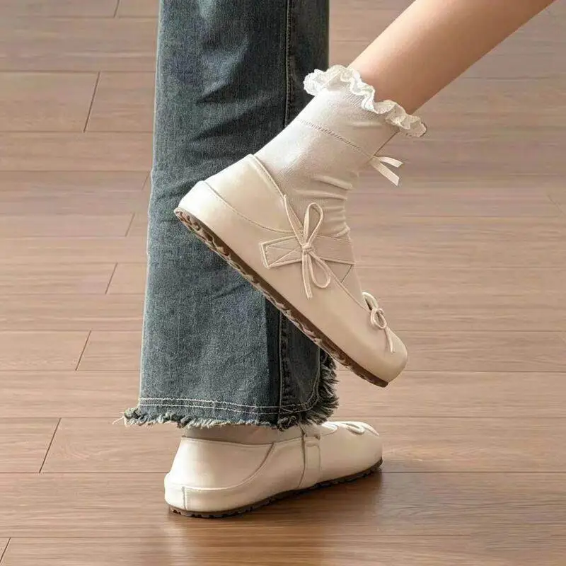 Women Elastic Crisscross Strap Tiny Bow Flats, Round Toe Lightweight Non-Slip Lug Platform Soft PU Leather Slip On Minimalist Casual Daily Student Lace Sock Mat