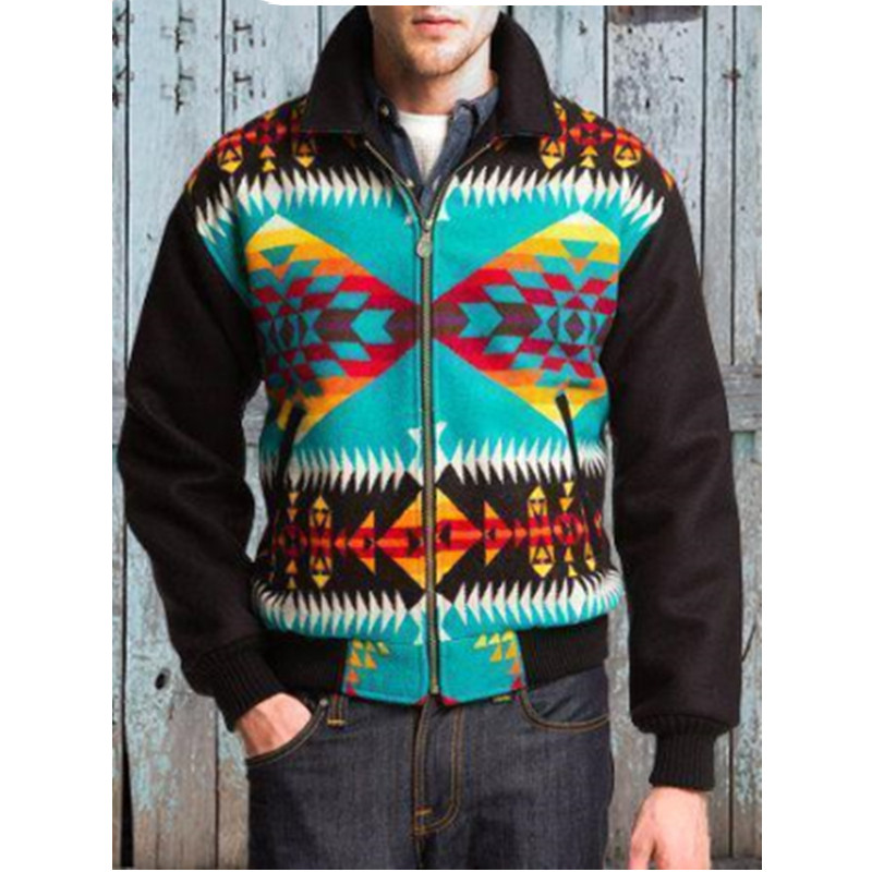 European And American Casual Zipper Lapel Long-sleeved Sweater Printed Top