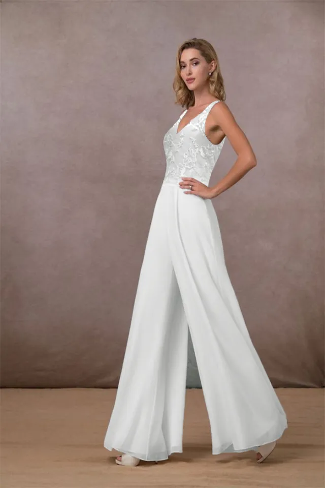 Women's V neck Mid waist Sleeveless Wide leg Chiffon Pants White White - Shop at LoveMi