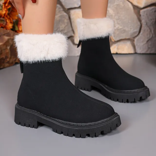Square heeled Snow Boots Winter Plus Velvet Platform Plush Shoes Fashion Warm Non slip Mid calf Boot For Women Black - Shop at LoveMi