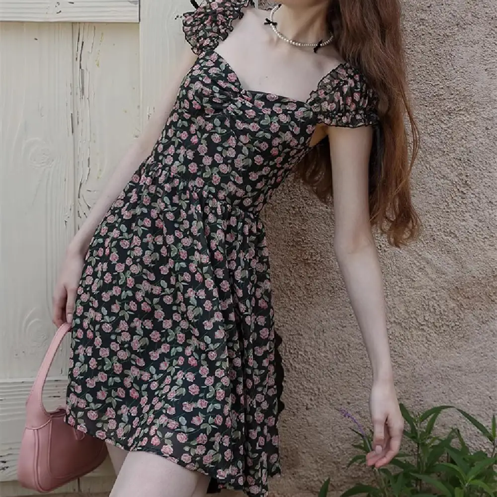 Floral Square Neck Chiffon Midi Dress with Short Sleeves