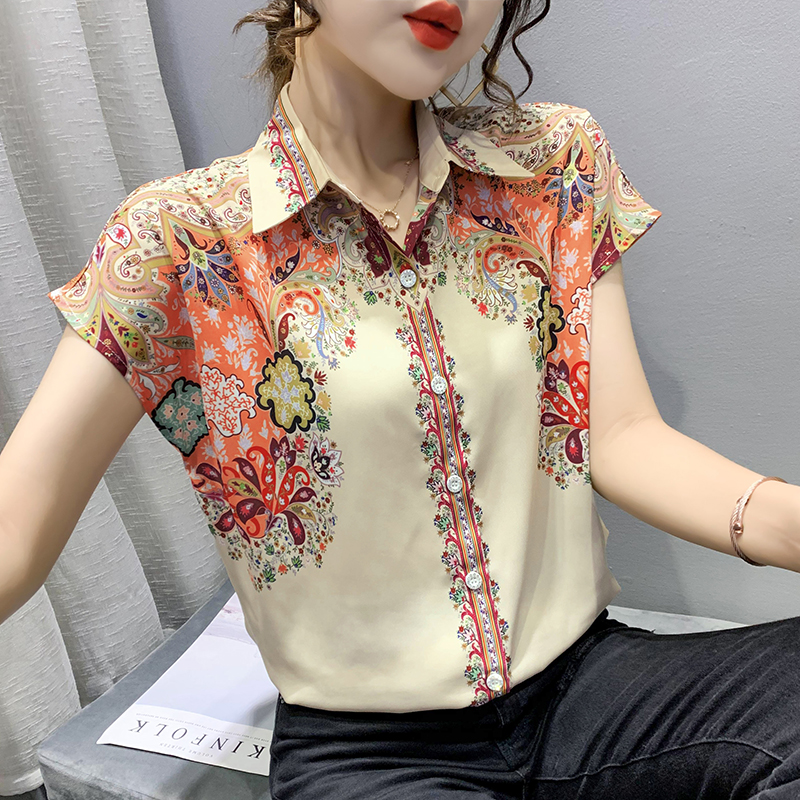 Title 5, Entertainment Graphic Print Lapel Chiffon Shirt