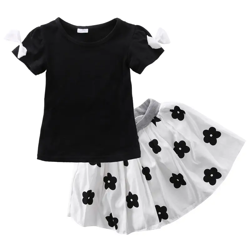 Black, Short Sleeve Top Flower Skirt
