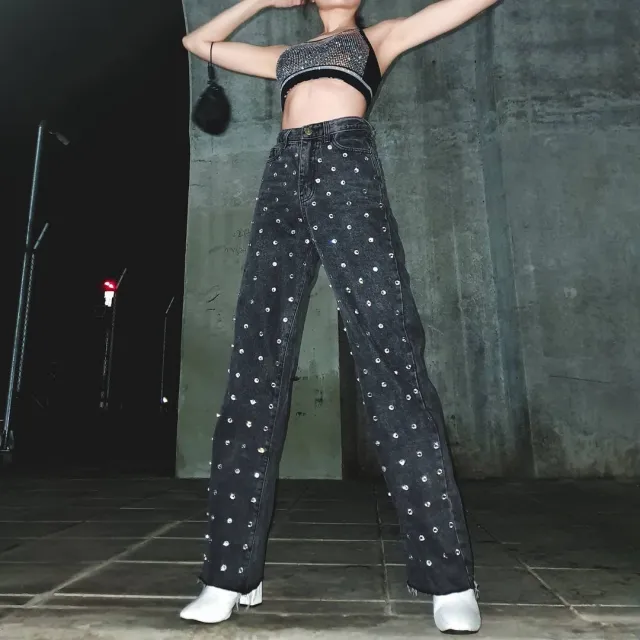 Sky Star Water Diamond Wide Leg Jeans Heavy Industry Hot Drill Black - Shop at LoveMi
