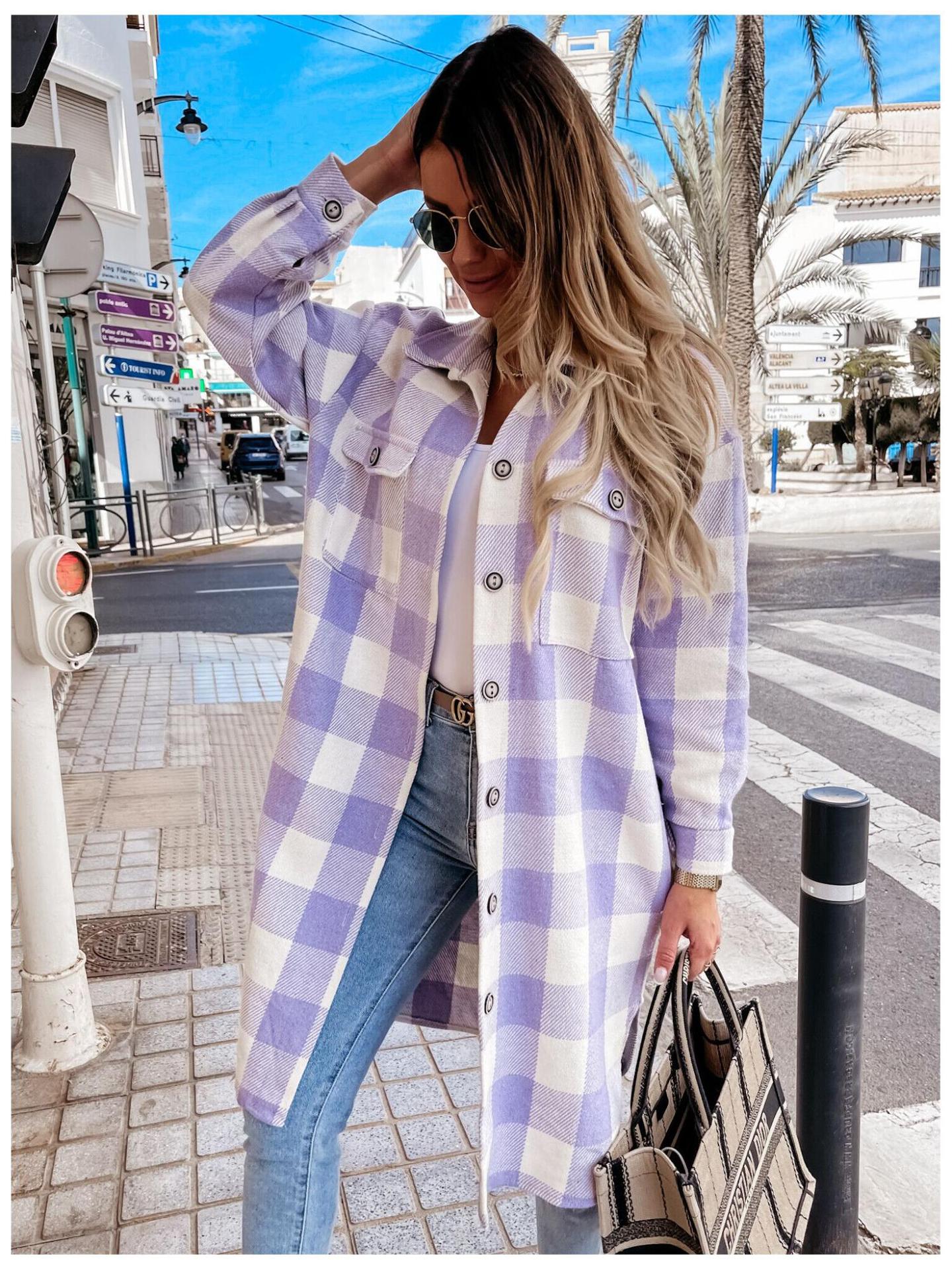Ladies Fashion Long Sleeve Long Plaid Shirt