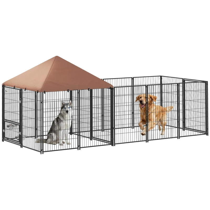 Large Outdoor Dog Kennel With Rotating & Adjustable Height Bowls, Waterproof & UV-Resistant Canopy