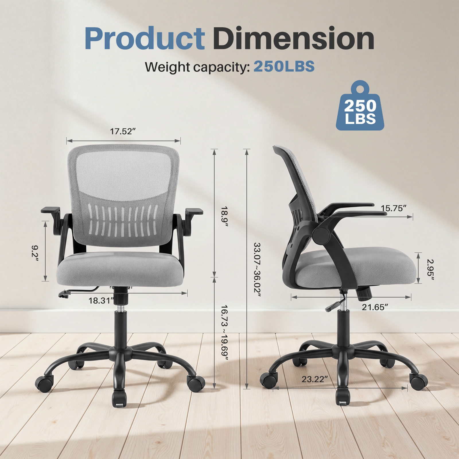 The Flip-up Armrest Fabric Computer Desk Chair With Adjustable Rotating Backrest Offers Comfortable Lumbar Support.