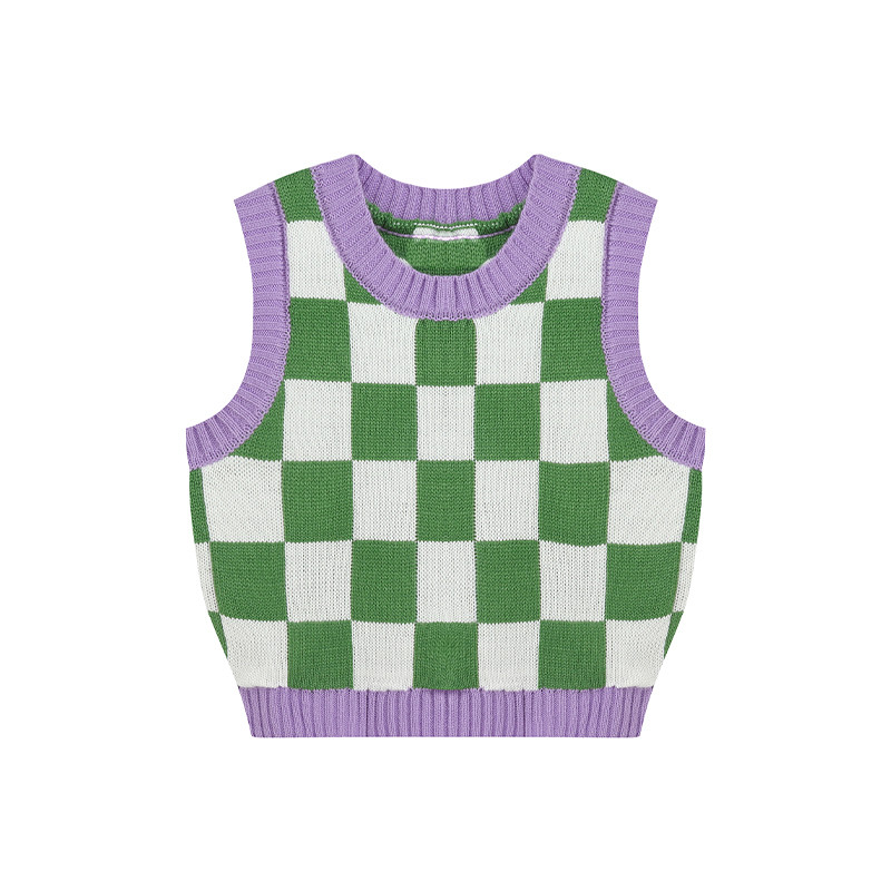 Spring And Autumn Thin Style Knitted Vest With Checkerboard Design