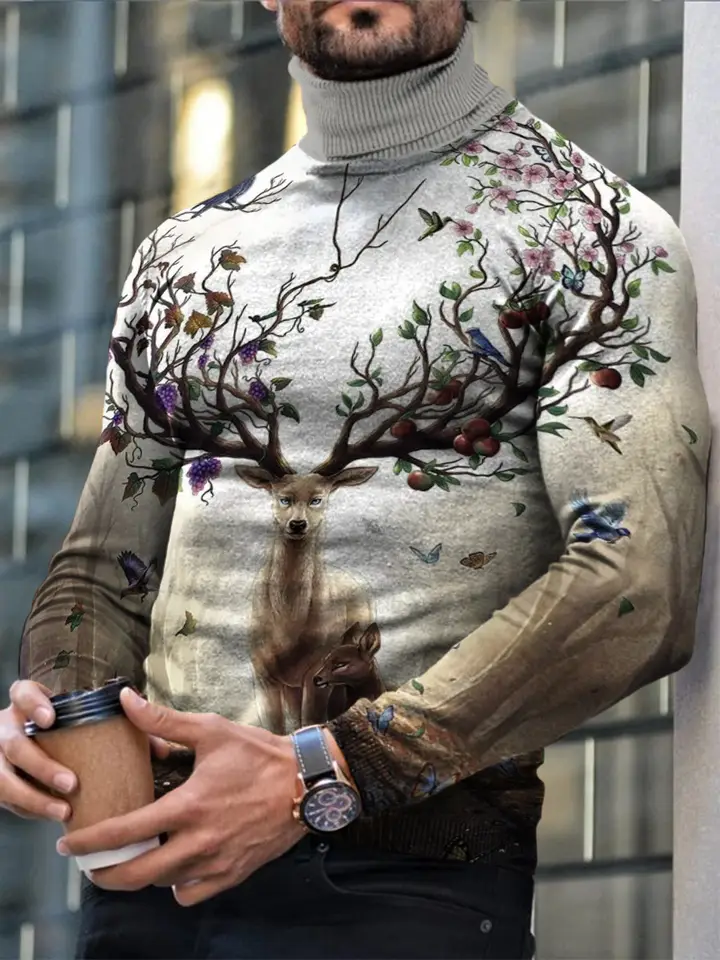 Autumn Winter Men's Long Sleeve Turtleneck T Shirt Printed Casual Top
