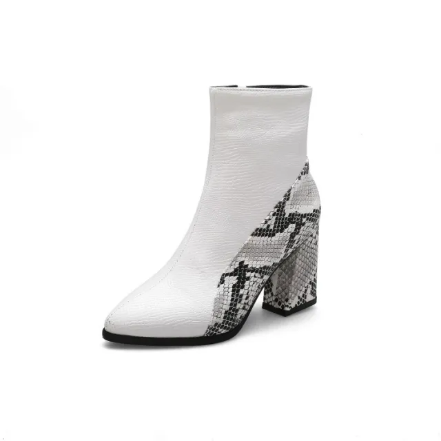 Color Matching Pointed Toe Thick Heel Women's Boots Autumn And Winter Ankle Boots White - Shop at LoveMi