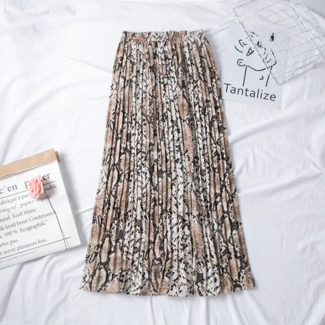 European And American Snake Print Pleated Skirt With High Waist And Slimming Khaki Snake Pattern - Shop at LoveMi