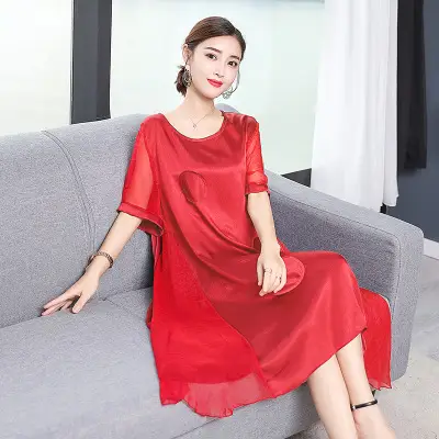 Mom Solid Color Over Knee Faux Silk Dress
