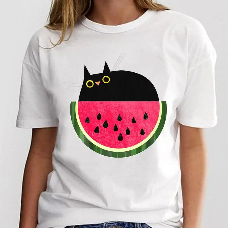 New Simple Cat Animal Cartoon Print Loose Round Neck Ladies White T-Shirt Short Sleeve - 18 Style