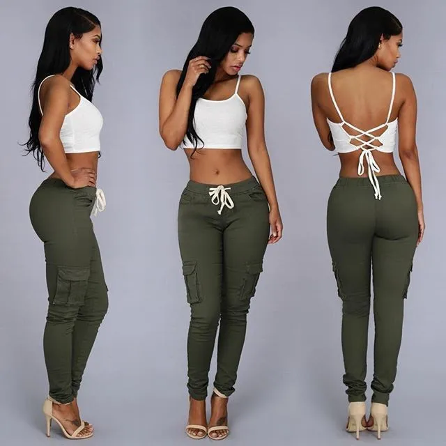 Women's Multi Pocket Drawstring Casual Pants Army Green - Shop at LoveMi