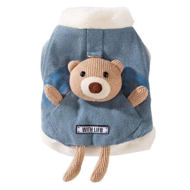 Autumn And Winter Korean style Dog Pocket Three dimensional Bear, Denim Towing Vest, Cat Cotton Coat, Warm Pet Dog Clothes Blue - Shop at LoveMi