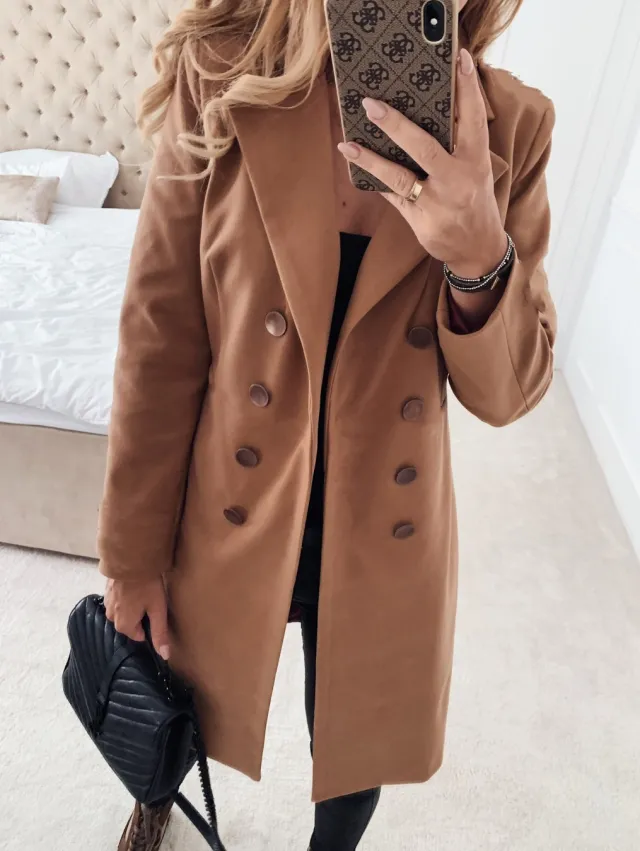 Autumn And Winter Solid Color Long sleeved Double breasted Mid length Woolen Top Coat Khaki - Shop at LoveMi