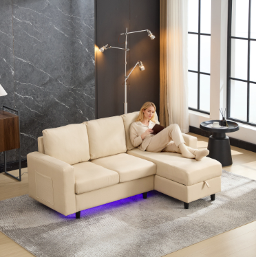 L-Shaped Sofa With Storage, 3 Seater Corner Sofa With USB, LED Lights, Sofa Couches With Side Pockets For Apartment Living Room, Office, Beige, 180x120x72cm