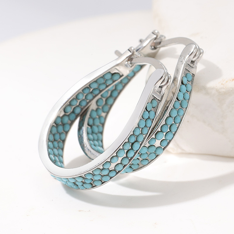 Colorful Crystal Turquoise Color Hoop Earrings Silver Tone Brass Women Party Fashion Jewelry Elegant Versatile 3
