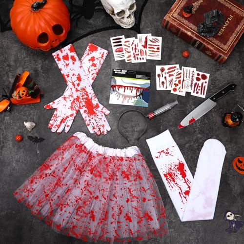 16 Pcs Halloween Tutu Skirt Costume Accessories Set, Halloween Party Accessories For Woman Include Tutu Skirt Stocking Gloves Syringe Headband Blood Necklace Tattoo Sticker 4
