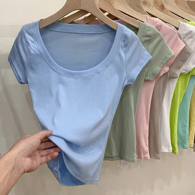 Cotton T shirt Women's Short Sleeve Low Collar Collarbone Light Blue - Shop at LoveMi