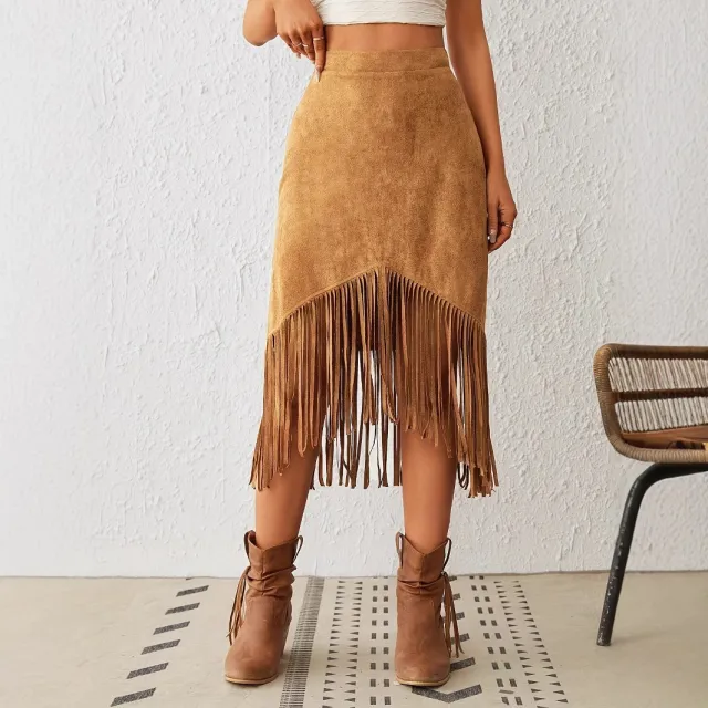Women's Western Style Imitation Suede Fringe High Waisted A line Skirt Khaki - Shop at LoveMi