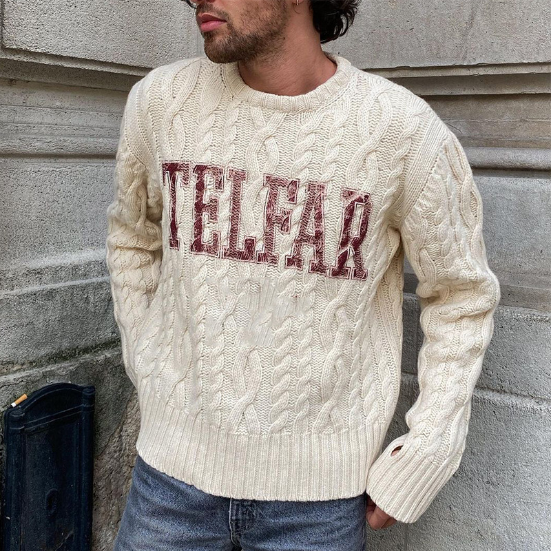 Men's Explosive Round Neck Slim Knit Sweater Pullover Fashion Print Sweater