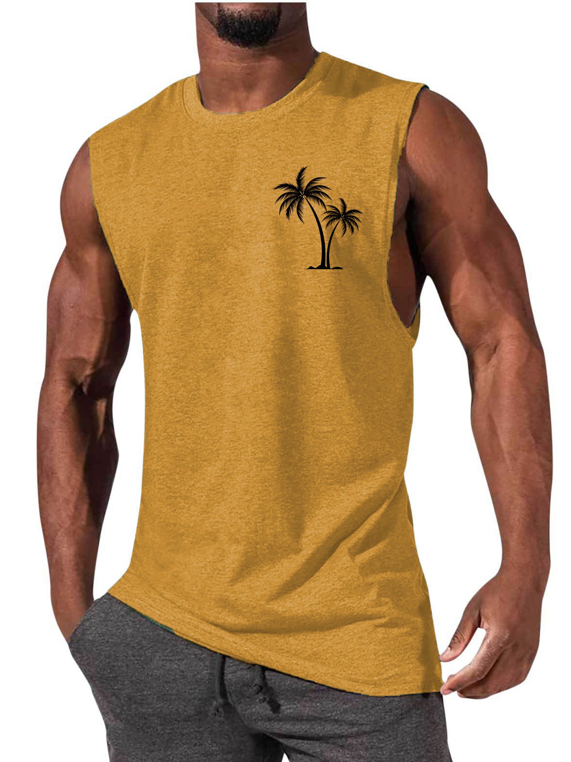 Coconut Tree Embroidery Vest Summer Beach Tank Tops Workout Muscle Men Sports Fi