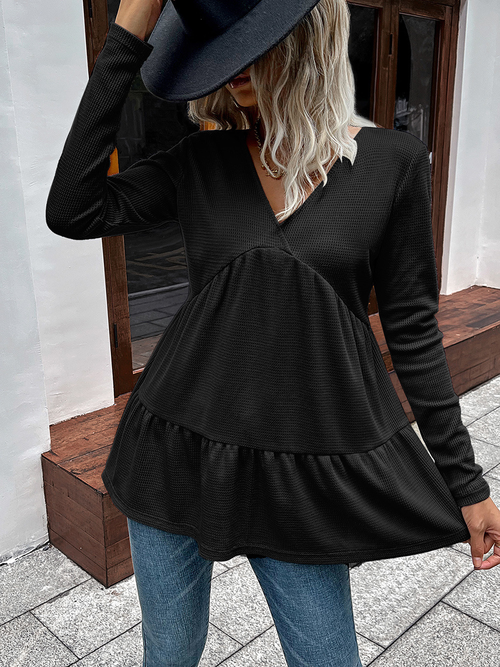 Title 6, Loose Casual Solid Color V-Neck Long Sleeve Tat...