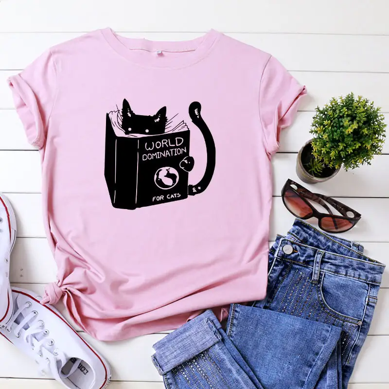 Women's Cotton Reading Cat Print Loose Round Neck T-shirt