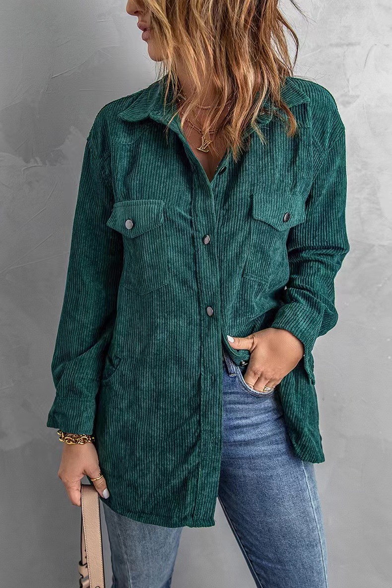 Thick Shirt Corduroy Lapel Button Ladies Jacket Green - Shop at LoveMi