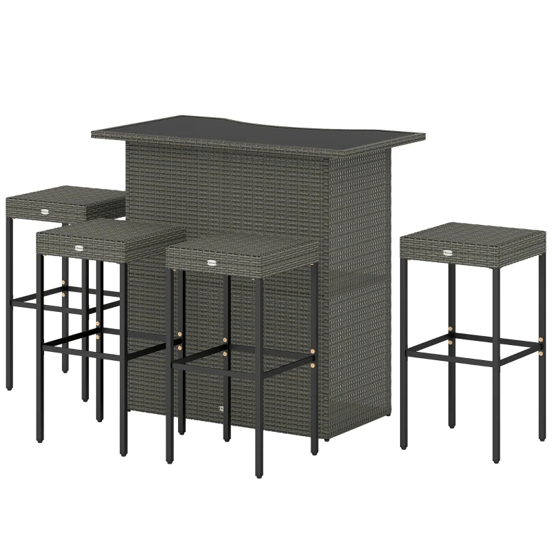 Outsunny 5 Piece Rattan Wicker Bar Set, High Top Outdoor Table And Chairs, Bar Height Patio Set, 2 Shelves & 4 Bar Stools, Gray