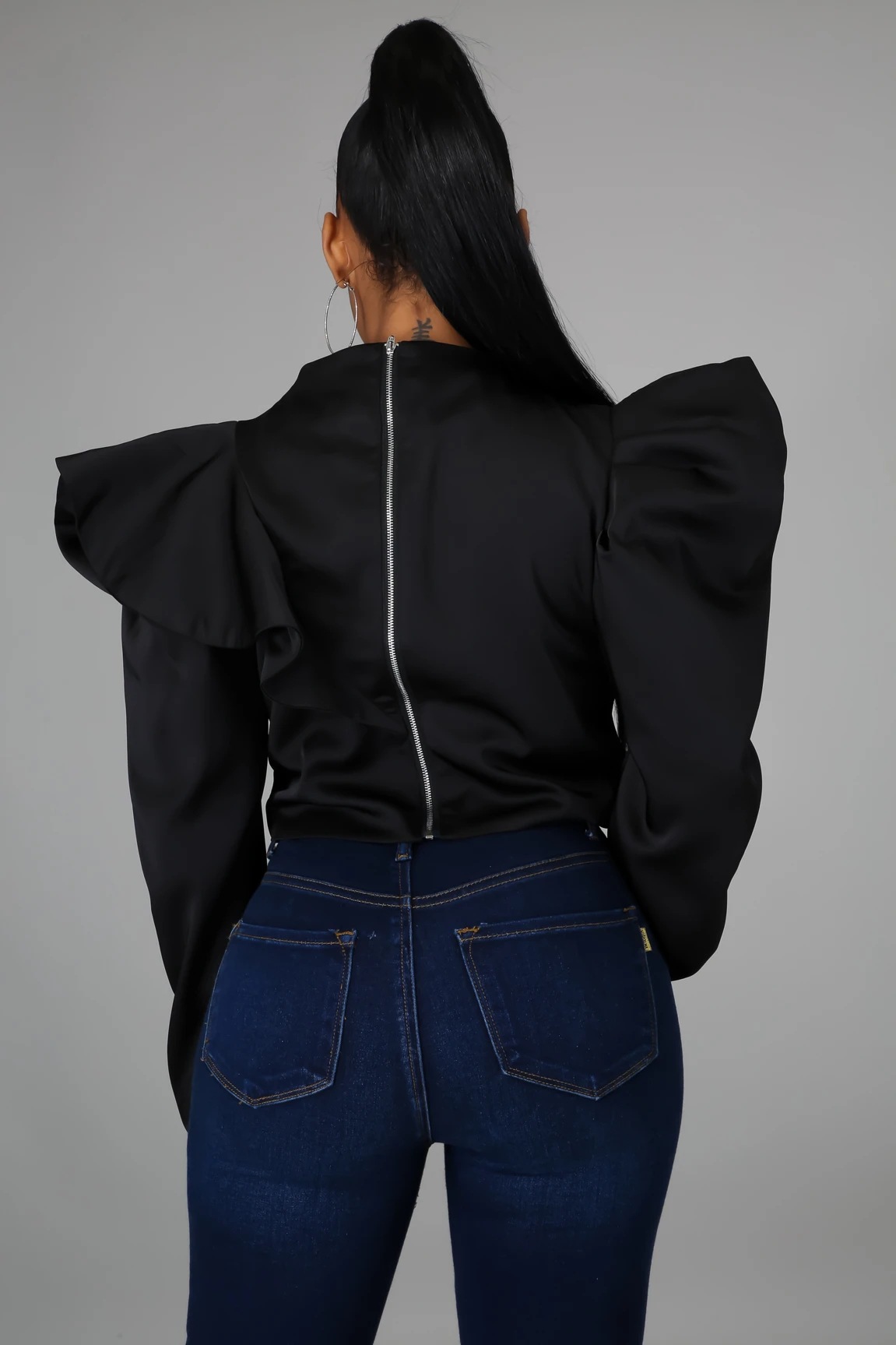 Long-sleeved Ruffled High Collar Solid Color