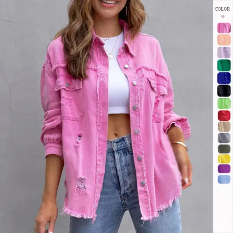 Fashion Ripped Shirt Jacket Female Autumn and Spring Casual