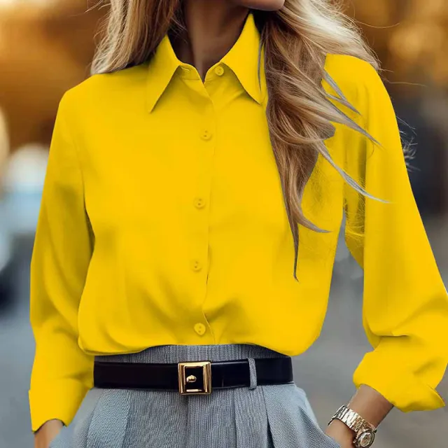 Plus Size Women's Solid Color Lapel Long Sleeve Shirt, Classic Button Down Blouse For Office And Formal Wear Yellow - Shop at LoveMi
