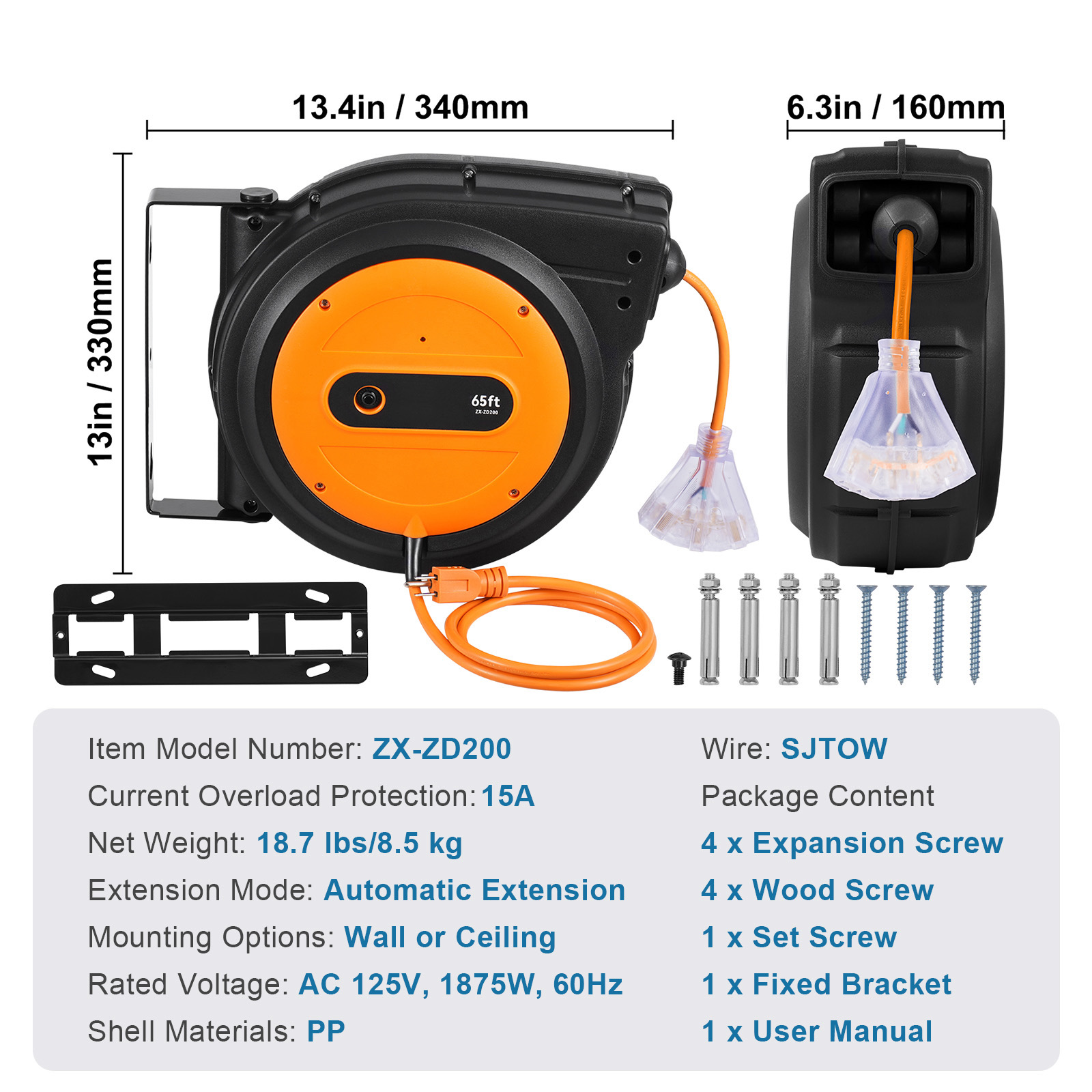 VEVOR Retractable Extension Cord Reel Power Cord Reel 65FT 12AWG 3C SJTOW image 3
