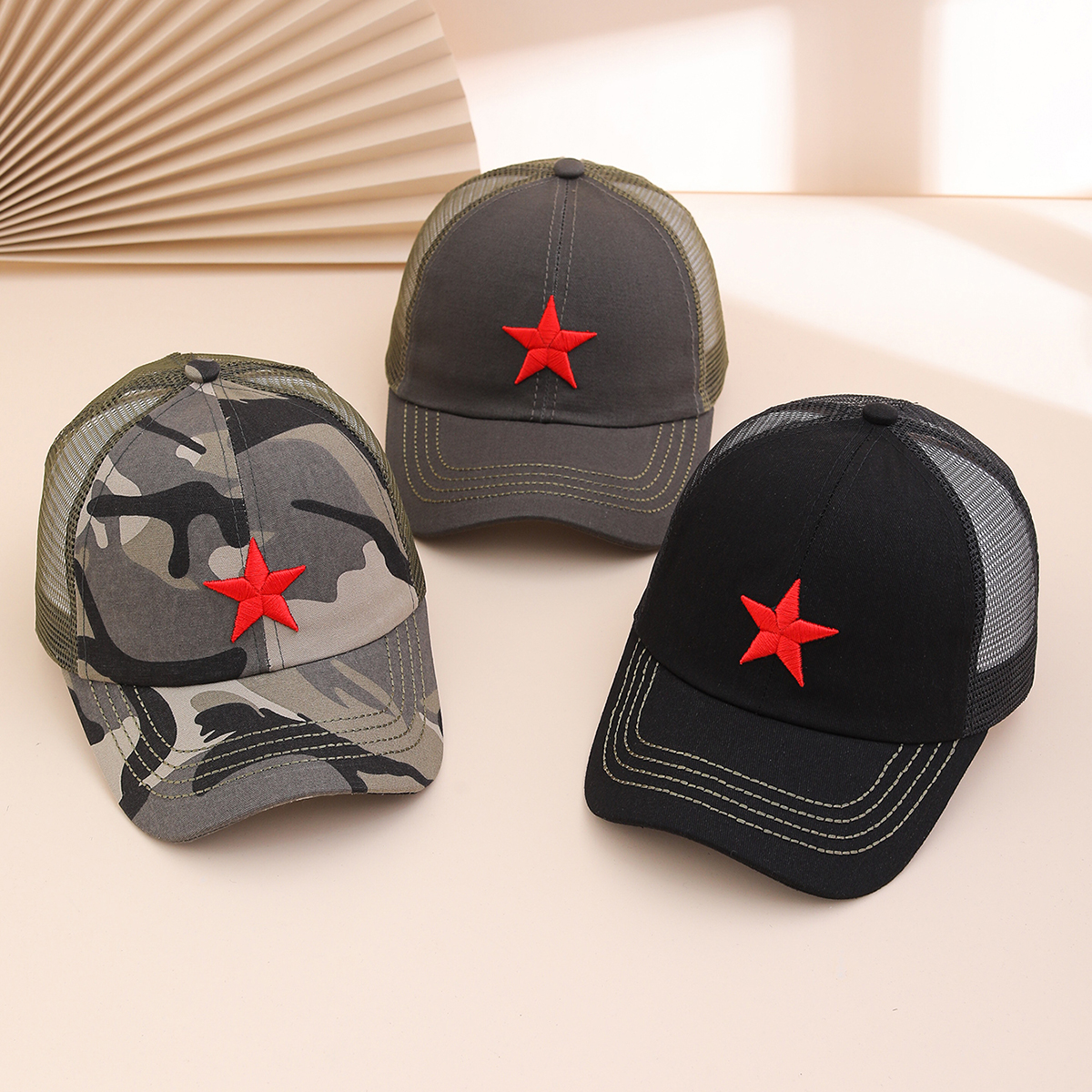 Embroidered Five-pointed Star Military Green Mesh Baseball Cap, Personalized And Casual Camouflage Canvas Baseball Cap, Fashionable And Versatile