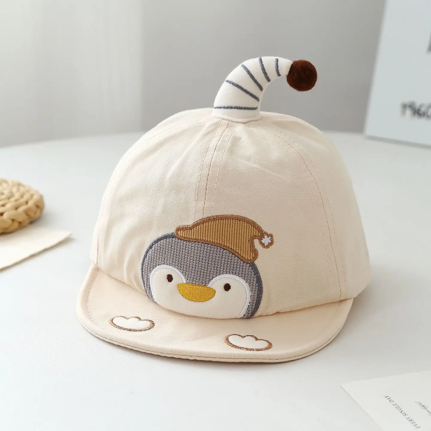 Summer Children's Penguin Embroidered Striped Jujju Soft And Cute Casual Style Baseball Cap Suitable For Babies Aged 0-3 Years Old