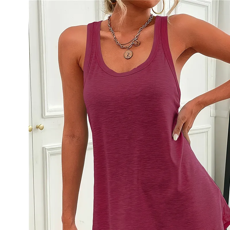 Women's Scoop Neck Solid Sleeveless Summer Beach Tank Dresses Casual Basic Short Mini Dress - Wine Red