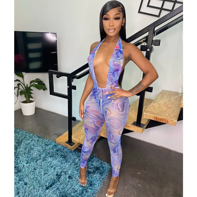 Mesh Printed See Through Halter Neck Open Back Ladies Jumpsuit Blue - Shop at LoveMi