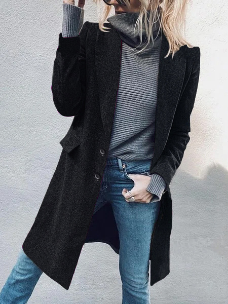Fashion Lapel Mid Length Solid Color Woolen Coat