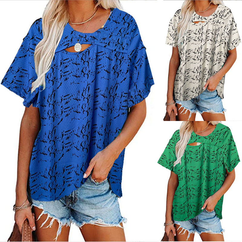 Hollow Crew Neck Casual Home Print Short Sleeves