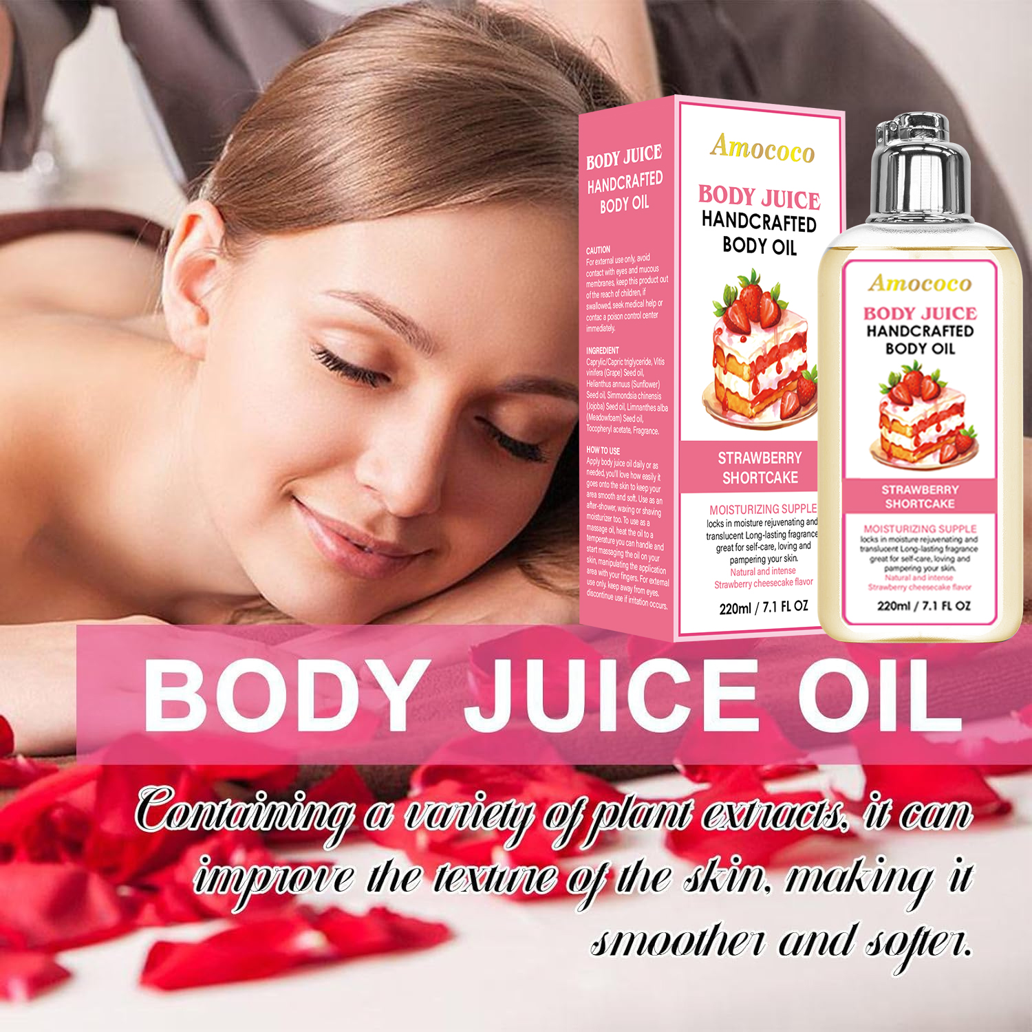 Only Supports Self Pickup With Waybill Amococo Strawberry Shortcake Body Juice Oil, 220ml Handcrafted Moisturizing Body Oil For Dry Skin, Long-Lasting Fragrance Body Massage Oil, Natural Plant-Based L