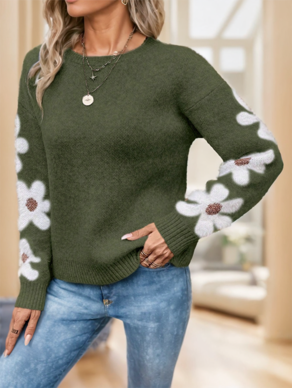 Floral Pattern Drop Shoulder Sweater,Long Sleeve Tops