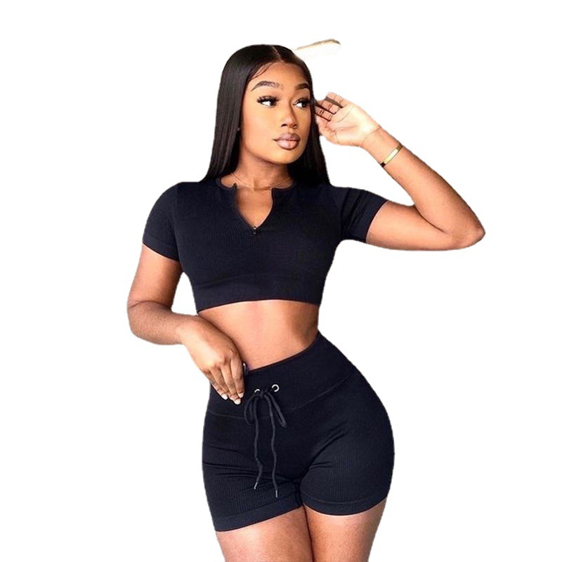 Summer Suit Solid Color Casual Solid Color Top Drawstring Shorts Two-piece Trend